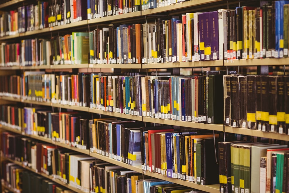 Close up of a bookshelf in library