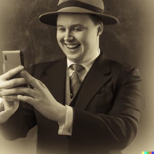 DALL·E 2023-01-26 15.22.47 - an elegant and happy gangster from 1930 looking at a smartphone in his hand as a black and white scratch sepia photo