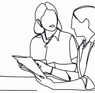 DALL·E 2023-08-21 14.39.54 - Good looking female sales representative giving a document to a client that signs the document with a pen in a conference room,  one line drawing