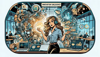 Comic illustration of a person surrounded by screens of product information