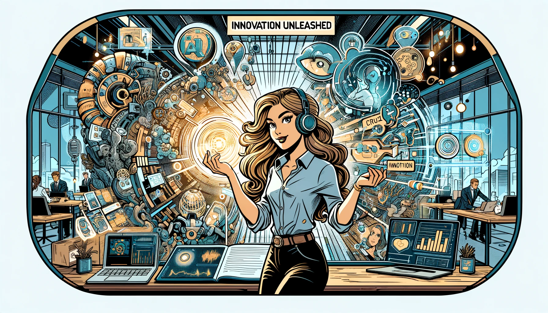 Comic illustration of a person surrounded by screens of product information